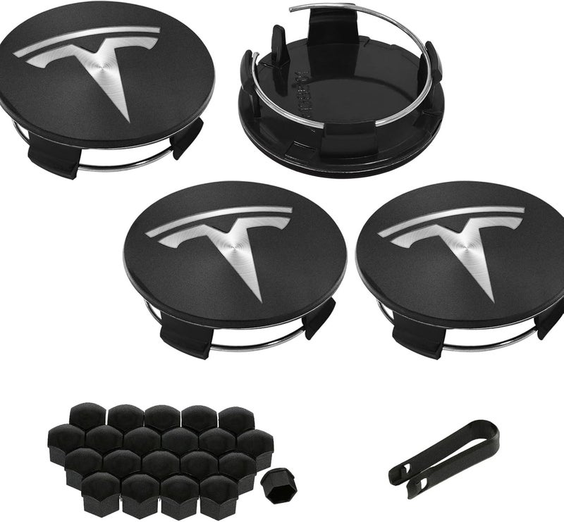 Knomix 4 Pack Exterior Decoration Wheel Center Cover for Tesla Model 3 Model Y,56mm Hubcaps Wheel Rim Cover Tesla Center Caps Hubcaps+20 Black Lug Nut Covers (Matte Black+Silver Emblem) - Image 1